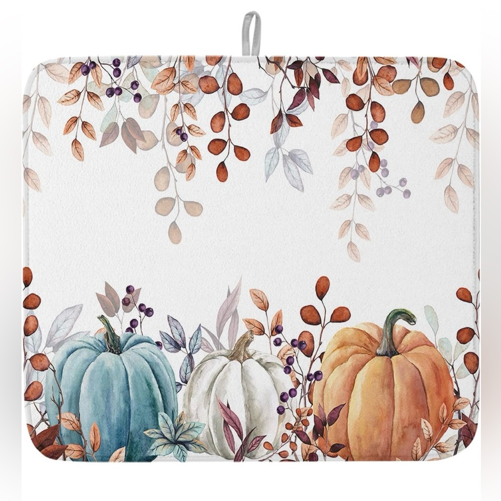 NWT Fall / Autumn Pumpkin and Leaves Decorative Drying Mat 15 X 18. Washable